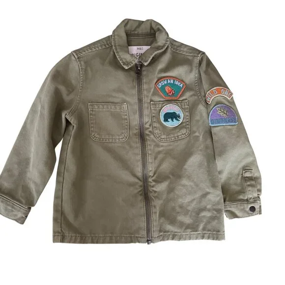 M&S Originals Boys Olive Green Adventure Jacket W/ Patches & Zipper Cotton Blen - Picture 1 of 4